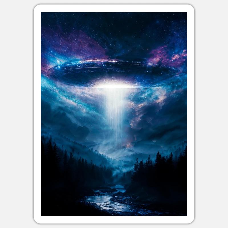 UFO-Strahl über Mitternachtswald - Sticker Größe S (10 x 10 cm) - Mattweiß