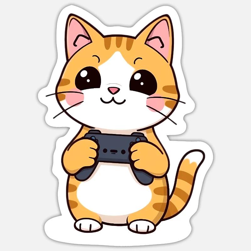 Gaming Katze mit Controller - Sticker Größe S (10 x 10 cm) - Mattweiß