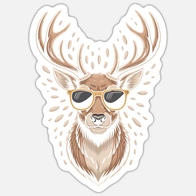 Hirsch mit Geweih und Sonnenbrille - Sticker Größe S (10 x 10 cm) - Mattweiß