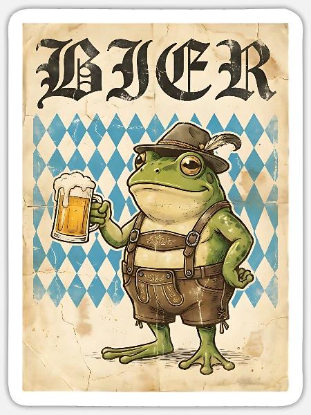 Bier Frosch In Lederhose Spaß - Sticker Größe S (10 x 10 cm) - Mattweiß