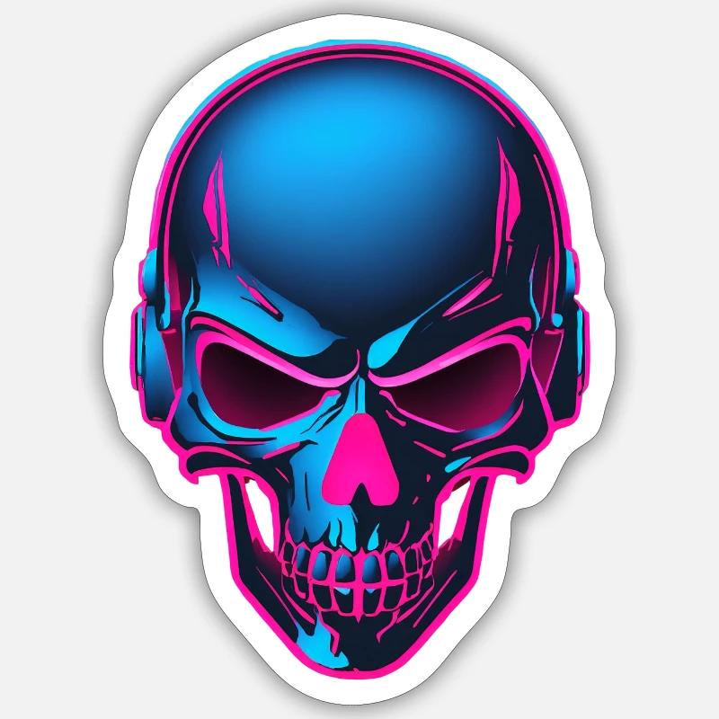 Neon Skull mit Kopfhörern - Sticker Größe S (10 x 10 cm) - Mattweiß