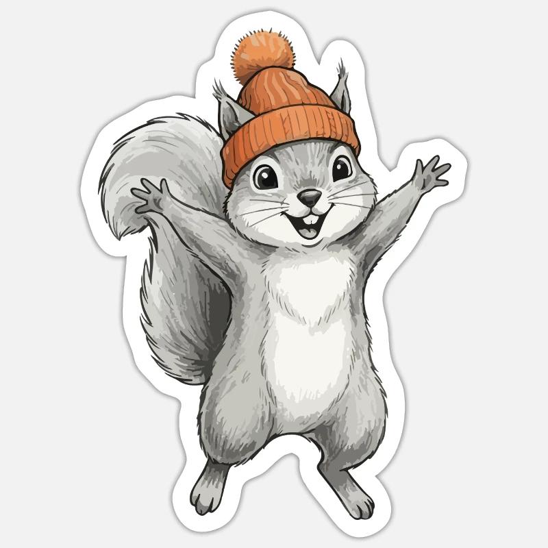Écureuil avec un bonnet - Sticker taille S (10 x 10 cm) - blanc mat