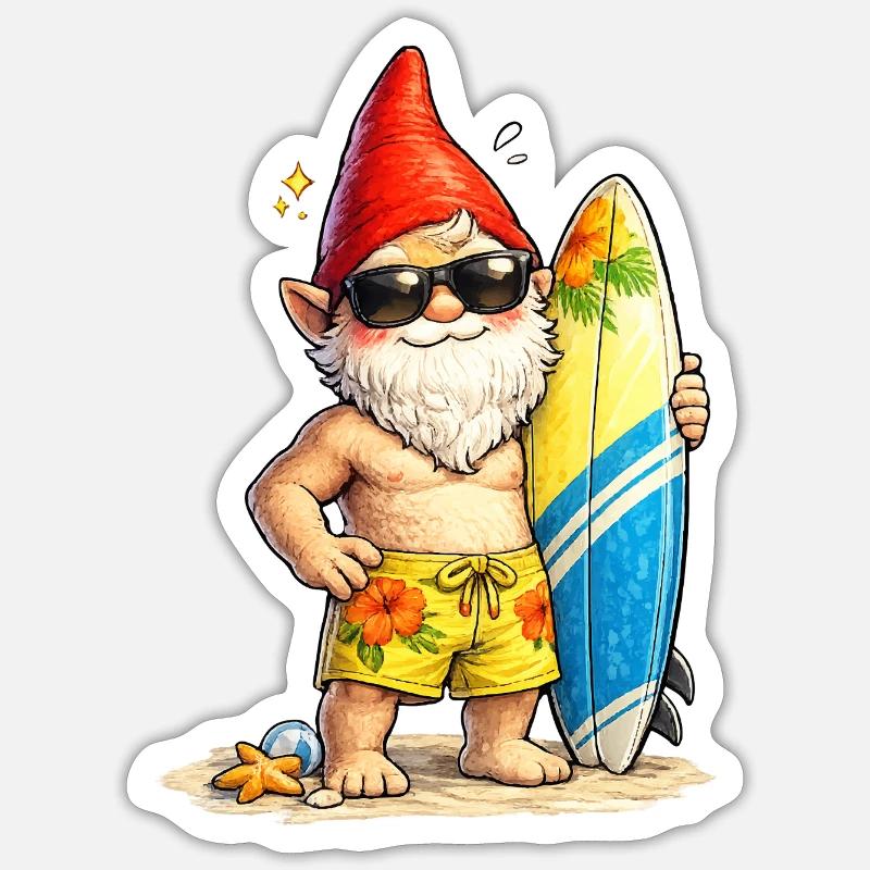 Cooler Gartenzwerg mit Surfbrett   - Sticker Größe S (10 x 10 cm) - Mattweiß