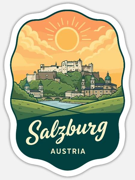 Salzburger Festung Retro Sonnenuntergangsabzeichen - Sticker Größe S (10 x 10 cm) - Mattweiß