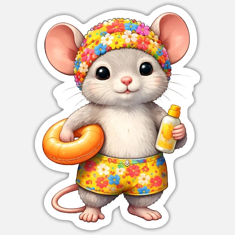 Cute mouse on summer vacation - Sticker size S (10 x 10 cm) - white matte