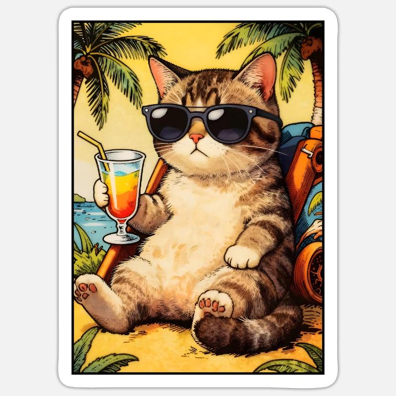 Chat cool en vacances d’été - Sticker taille S (10 x 10 cm) - blanc mat