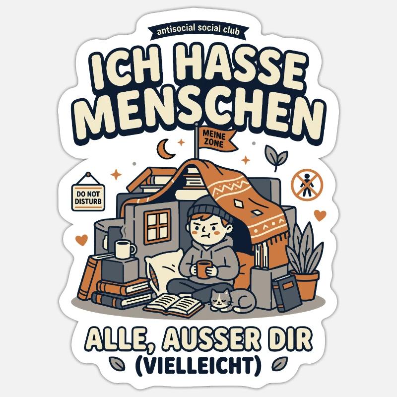 Ich hasse Menschen Humor Spruch - Sticker Größe S (10 x 10 cm) - Mattweiß