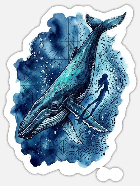 Deep Blue Odyssey Humpback & Freedive - Sticker Größe S (10 x 10 cm) - Mattweiß