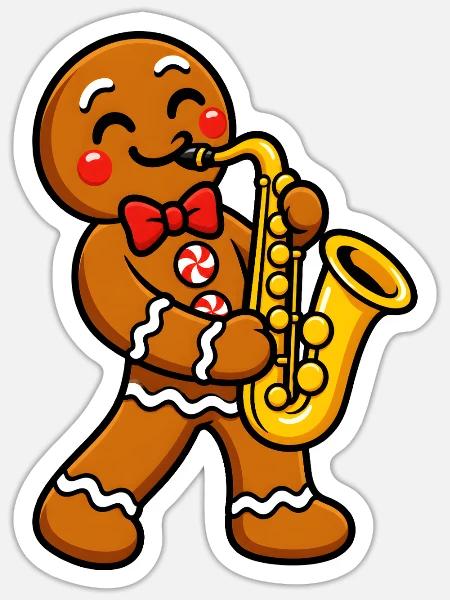 Lebkuchenmann mit Saxophon - Sticker Größe S (10 x 10 cm) - Mattweiß