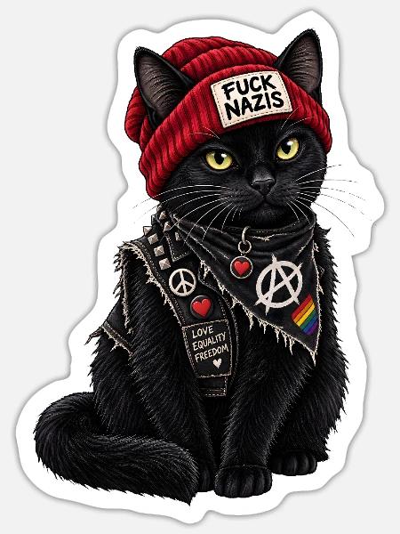 Fuck Nazis Schwarze Katze - Sticker Größe S (10 x 10 cm) - Mattweiß