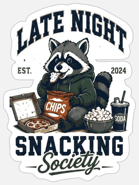 Late Night Snacking Society Waschbär - Sticker Größe S (10 x 10 cm) - Mattweiß