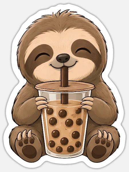 Faultier mit Bubble Tea - Sticker Größe S (10 x 10 cm) - Mattweiß
