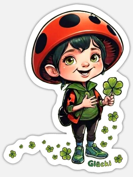 Glücki vom Glückspilzeland ein Klee-Abenteuer - Sticker Größe S (10 x 10 cm) - Mattweiß
