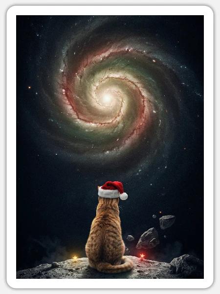 Weihnachtskatze vor der Galaxie - Sticker Größe S (10 x 10 cm) - Mattweiß