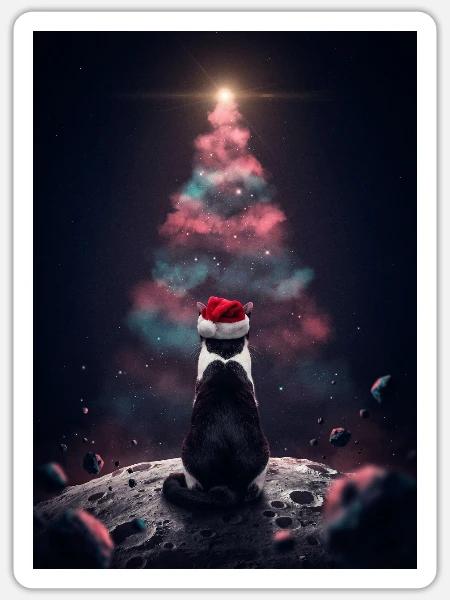 Katze vor dem Nebel-Weihnachtsbaum - Sticker Größe S (10 x 10 cm) - Mattweiß