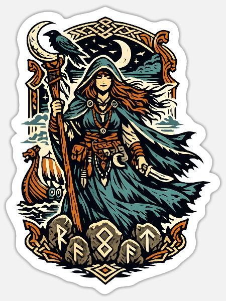 Nordische Runenjägerin im Mondschein - Sticker Größe S (10 x 10 cm) - Mattweiß