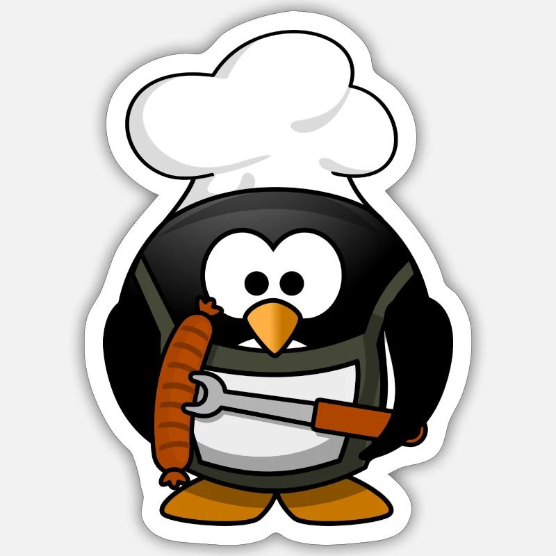 Kochpinguin mit Grillwurst - Sticker Größe S (10 x 10 cm) - Mattweiß