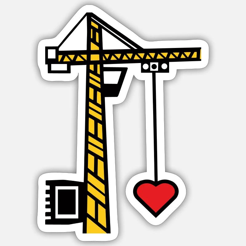 Grue de construction Grue de levage De construction Coeur - Sticker taille S (10 x 10 cm) - blanc mat