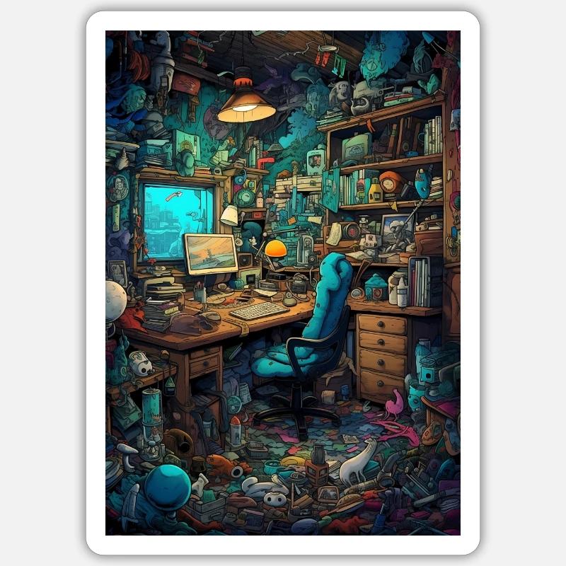 Wohnraum eines Computer Nerds - Sticker Größe S (10 x 10 cm) - Mattweiß