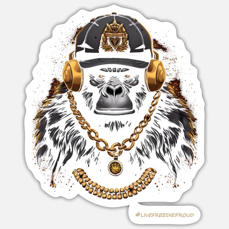 DJ MONKEY MONKEY AVEC ÉCOUTEURS ET CHAÎNE EN OR - Sticker taille S (10 x 10 cm) - blanc mat