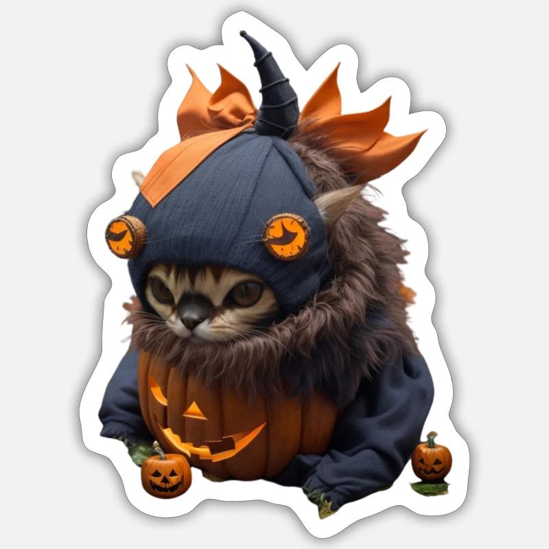 Chat citrouille d’Halloween - Sticker taille S (10 x 10 cm) - blanc mat