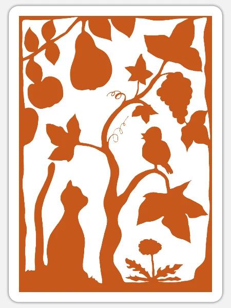Scherenschnitt Katze im Garten rost - Sticker Größe S (10 x 10 cm) - Mattweiß