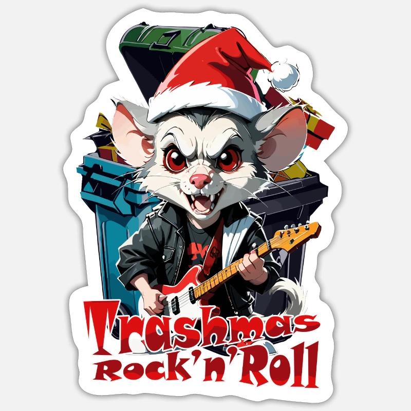 opossum, trashmas rock and roll, Noël - Sticker taille S (10 x 10 cm) - blanc mat