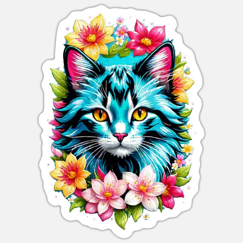 chat et fleur aquarelle - Sticker taille S (10 x 10 cm) - blanc mat