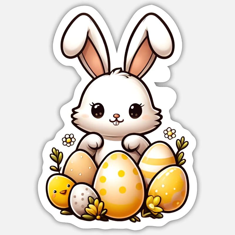 Lapin de Pâques mignon avec des œufs de Pâques - Sticker taille S (10 x 10 cm) - blanc mat