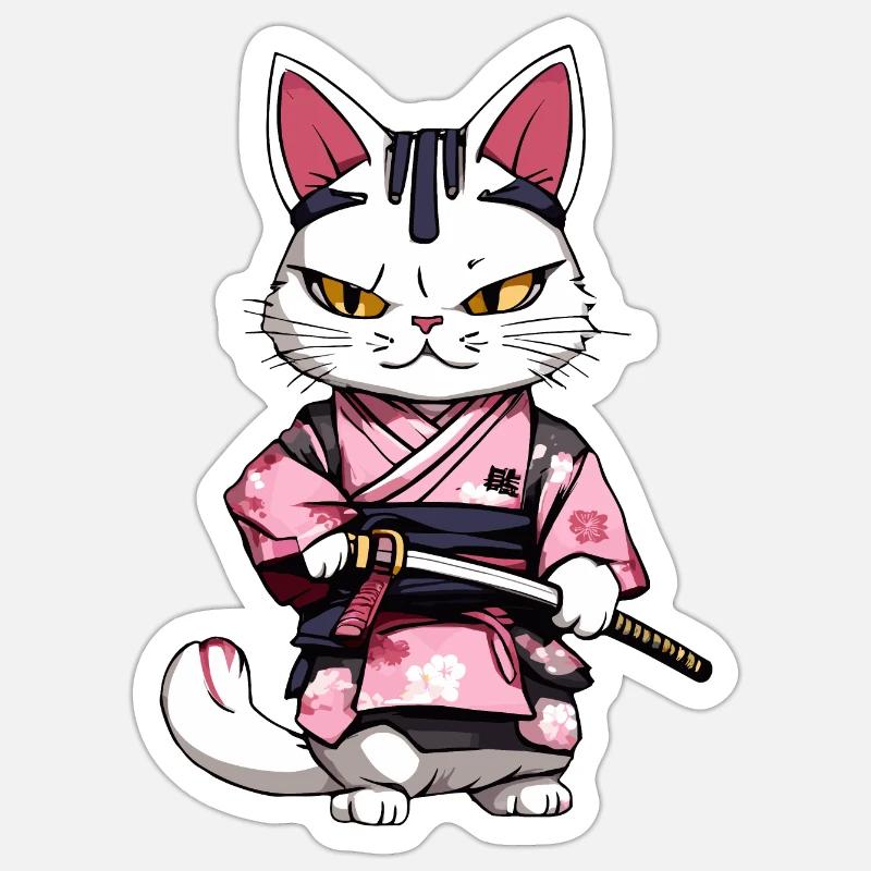 Samurai Cat & Cherry Blossoms #2 - Sticker size S (10 x 10 cm) - white matte