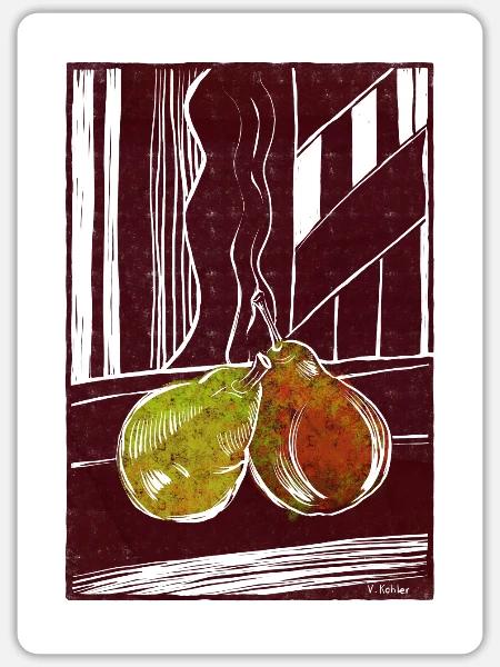 Linolschnitt Birnen Farbvariante - Sticker Größe S (10 x 10 cm) - Mattweiß
