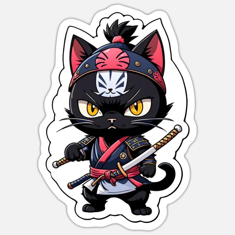 Ninja Katze - Samurai Kätzchen - Sticker Größe S (10 x 10 cm) - Mattweiß