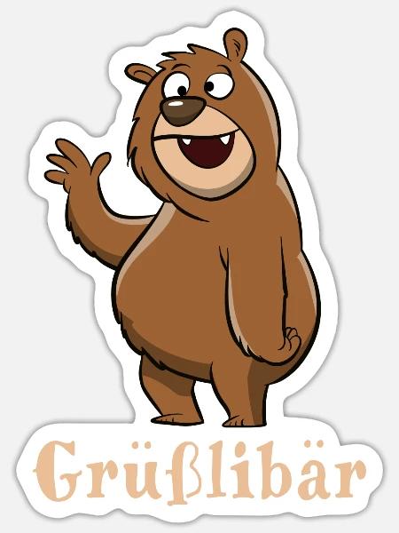 Grüßlibär - Grizzly grüßt fröhlich - Cartoon - Sticker Größe S (10 x 10 cm) - Mattweiß