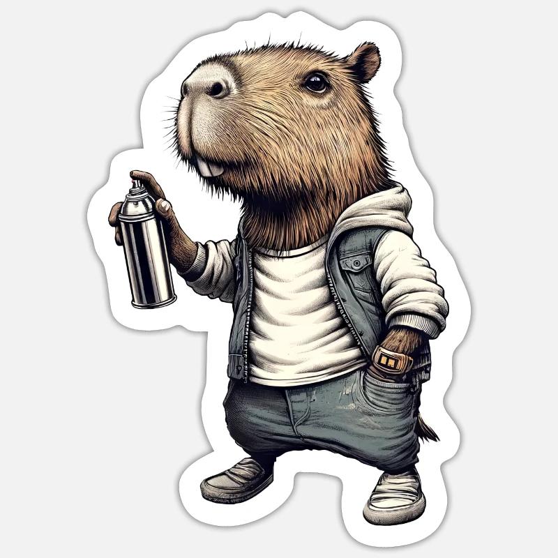 Capybara pulvérise des graffitis - Sticker taille S (10 x 10 cm) - blanc mat