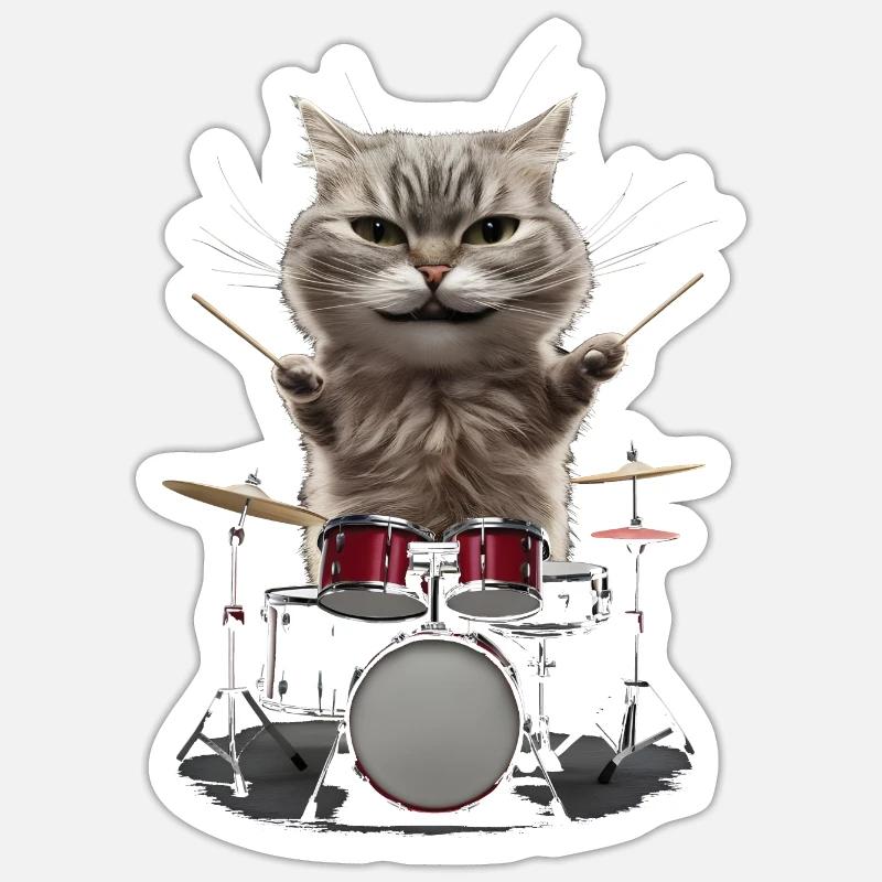 Katze Schlagzeug - Sticker Größe S (10 x 10 cm) - Mattweiß