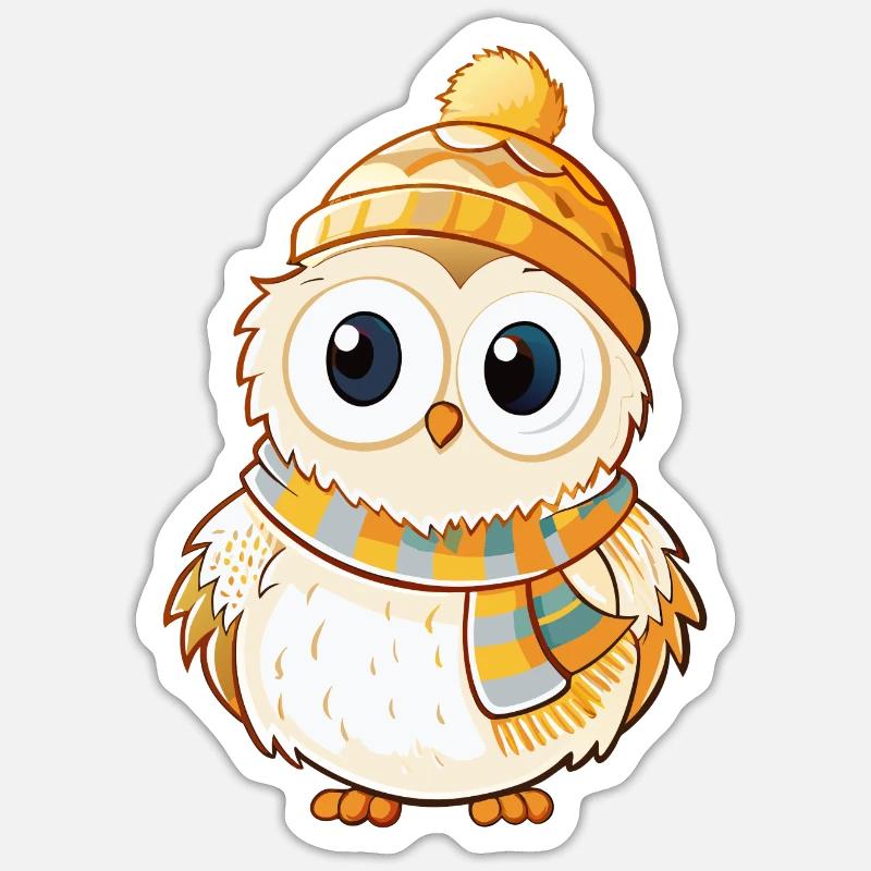 Chouette mignonne avec écharpe et chapeau à pompon. - Sticker taille S (10 x 10 cm) - blanc mat