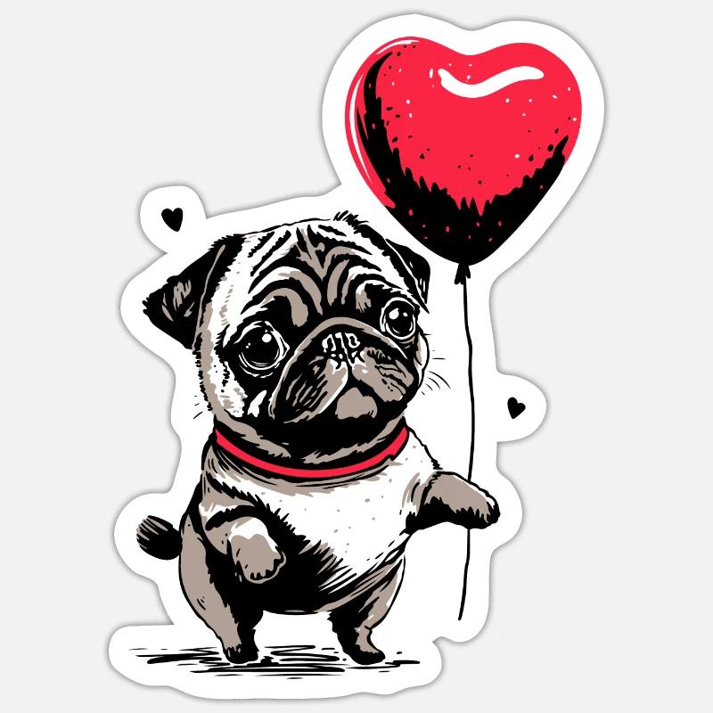 Mops mit Herz Luftballon - Heartful Creatures - Sticker Größe S (10 x 10 cm) - Mattweiß