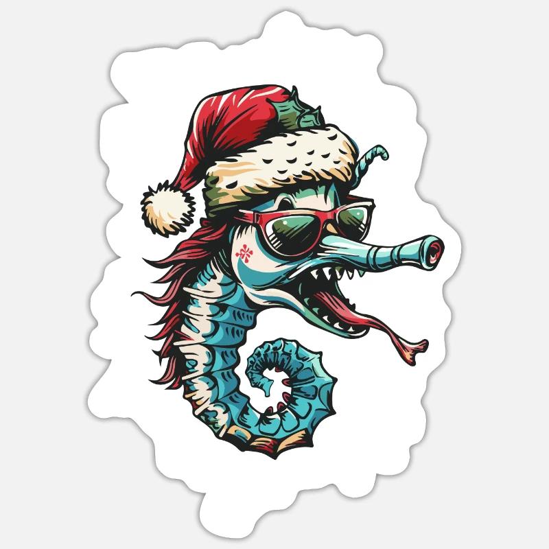 Hippocampe Noël Drôle - Sticker taille S (10 x 10 cm) - blanc mat