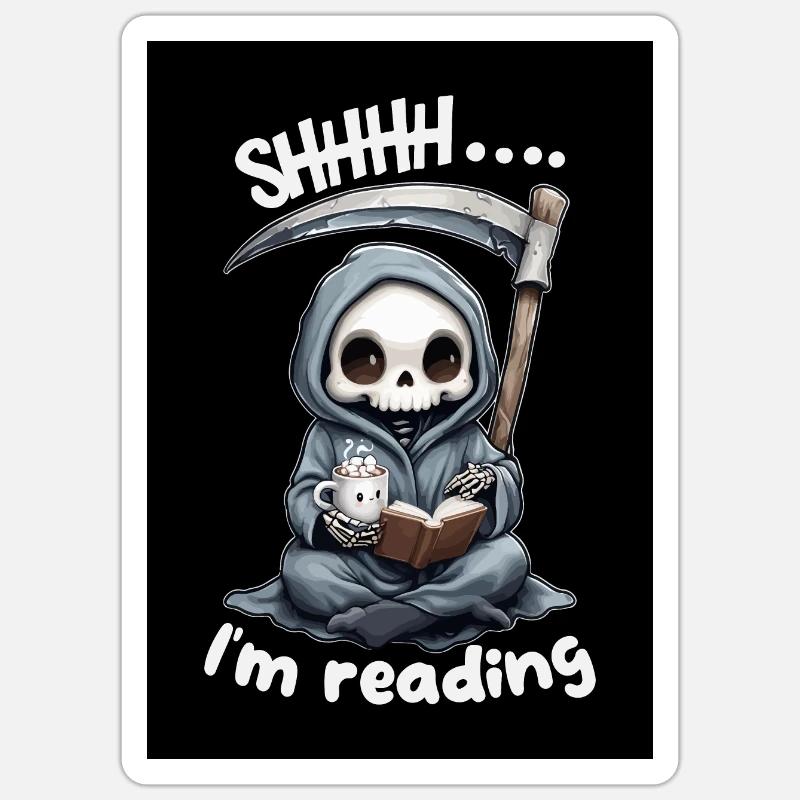 Sensenmann liest ein Buch mit Kaffee Sticker Größe S (10 x 10 cm)