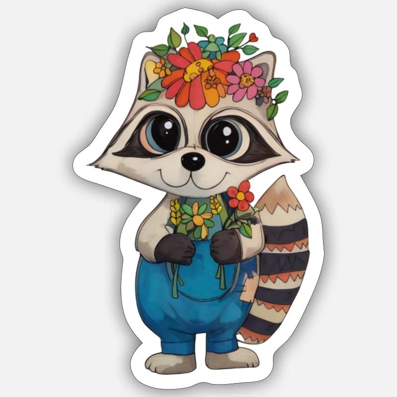 Couronne de fleurs raton laveur - Sticker taille S (10 x 10 cm) - blanc mat