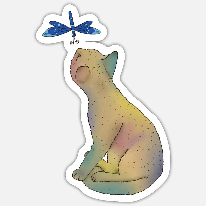 Katze mit blauer Libelle Sticker Größe S (10 x 10 cm)