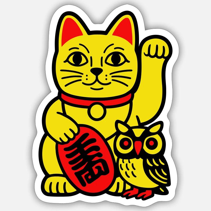 Glückskatze mit kleiner Eule - Sticker Größe S (10 x 10 cm) - Mattweiß
