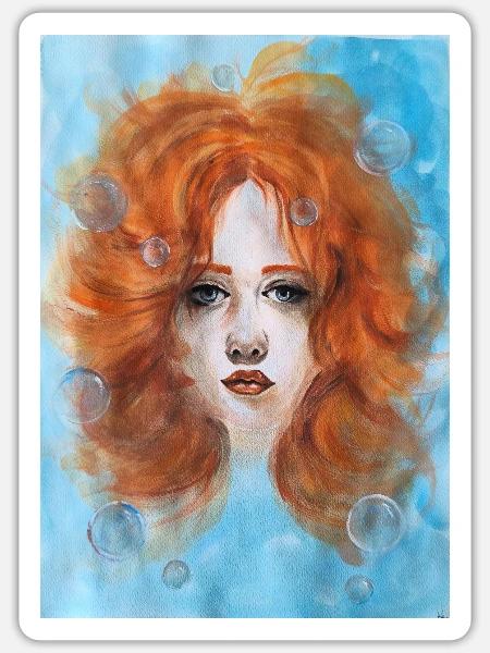 Rothaarige Frau Porträt Meerjungfrau mit Blasen - Sticker Größe S (10 x 10 cm) - Mattweiß