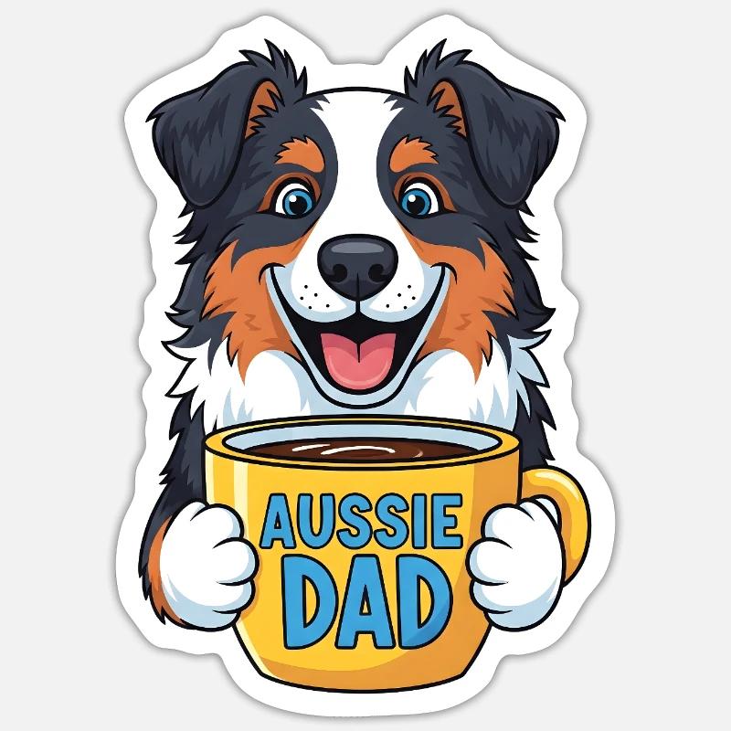 Australian Shepherd mit Kaffeebecher - Aussie Dad Sticker Größe S (10 x 10 cm)