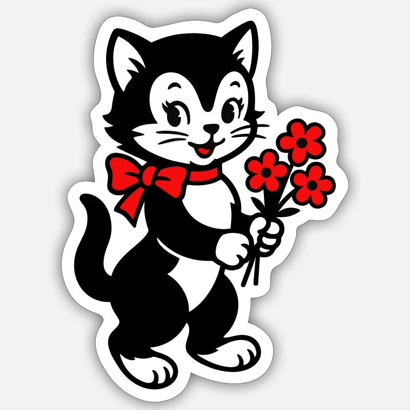 Schwarze Katze mit rotem Band Sticker Größe S (10 x 10 cm)