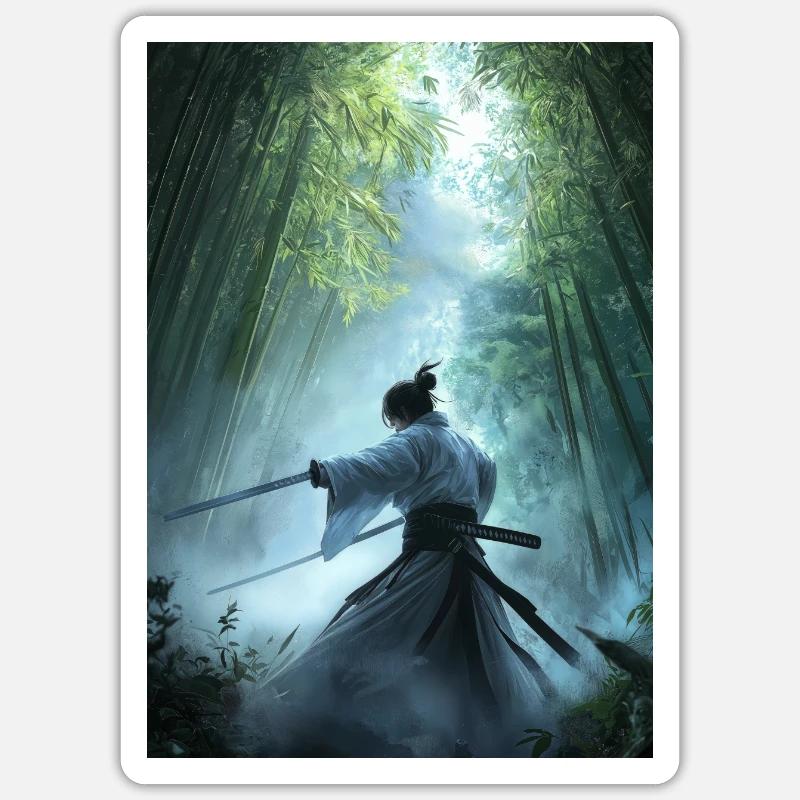 Samouraï dans la forêt - Sticker taille S (10 x 10 cm) - blanc mat