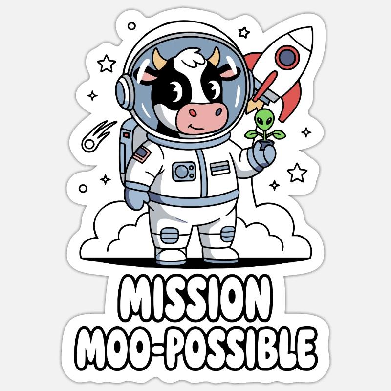 Mission Moo-possible Space Cow Design - Sticker taille S (10 x 10 cm) - blanc mat