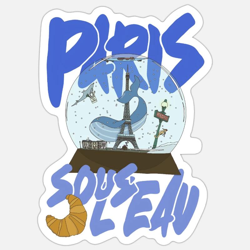 Paris Snowglobe Bleu - icône Eiffel - Sticker taille S (10 x 10 cm) - blanc mat