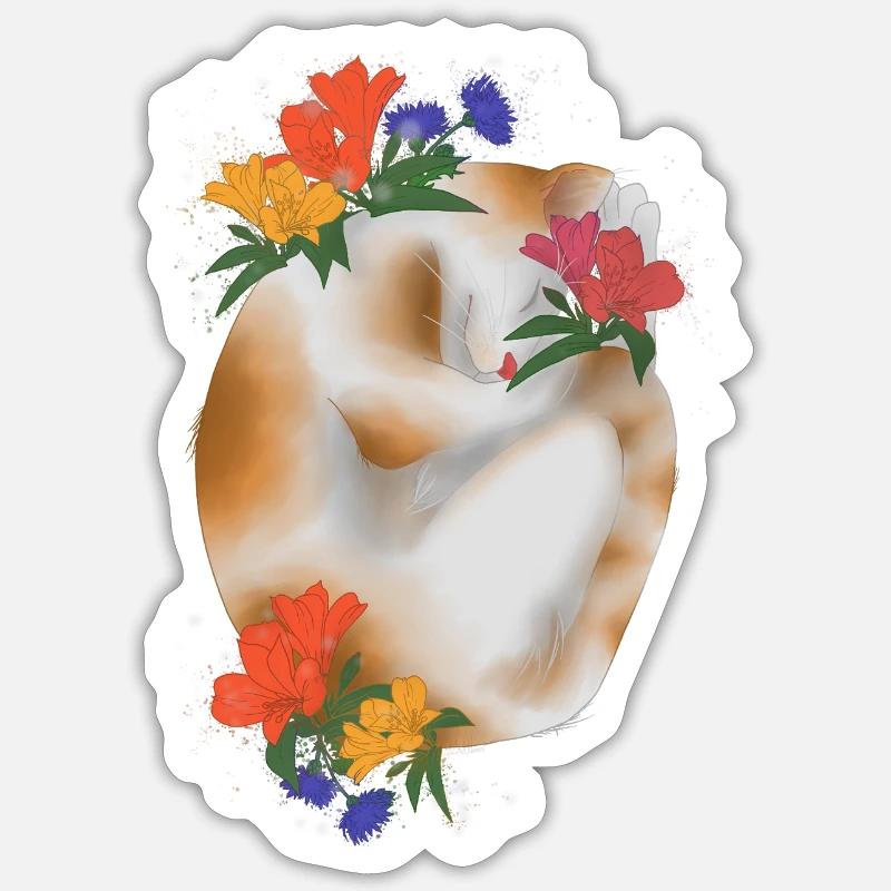 Chat et fleurs - Sticker taille S (10 x 10 cm) - blanc mat