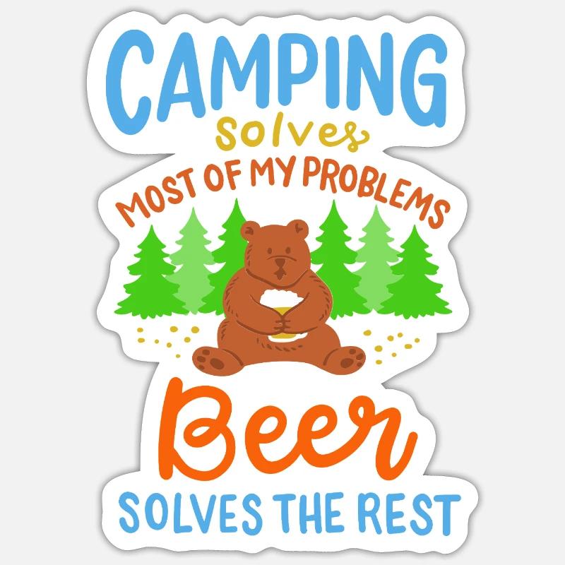 Funny Camping Bear Beer Solves Problems Art Sticker size S (10 x 10 cm)